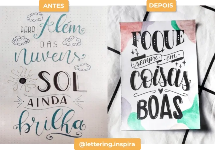 O antes e o depois de um lettering de uma aluna do curso lettering creative